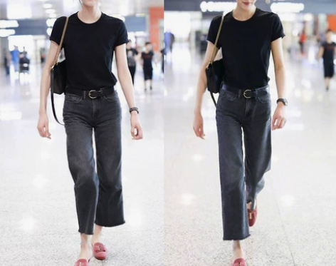 刘雯同款裤子复古高腰牛仔裤女阔腿裤烟灰色宽...