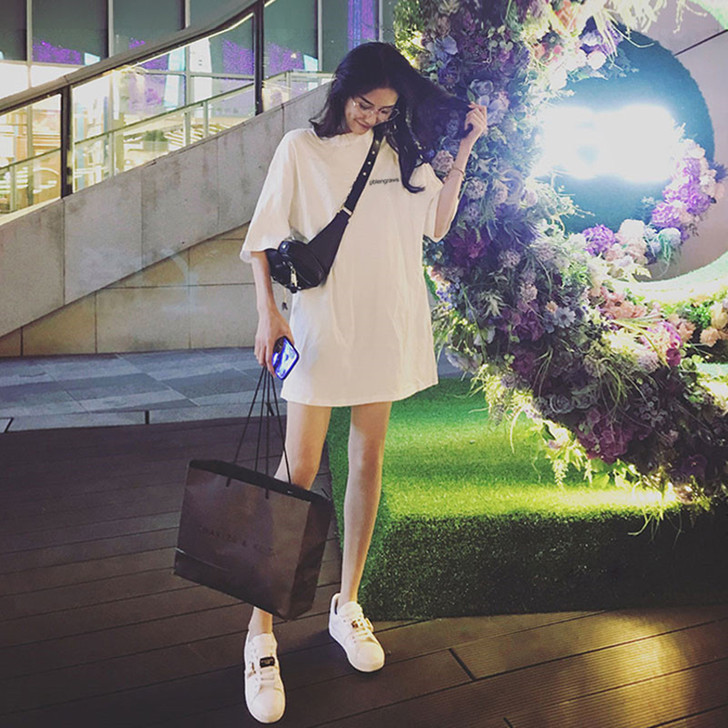 2021夏季新款短袖t恤女宽松中长款韩版百...