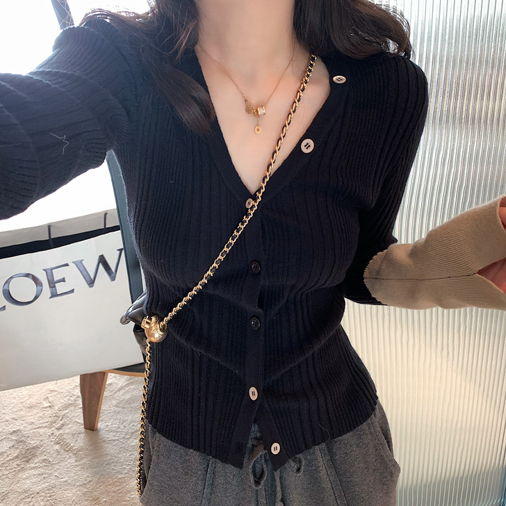 温柔气质修身显瘦v领拼色针织衫开衫女202...