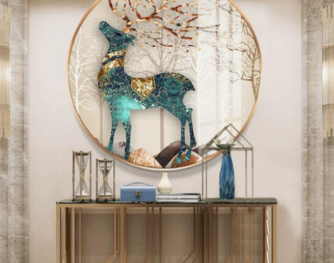 轻奢入户圆形玄关装饰画走廊过道背景墙客厅晶...