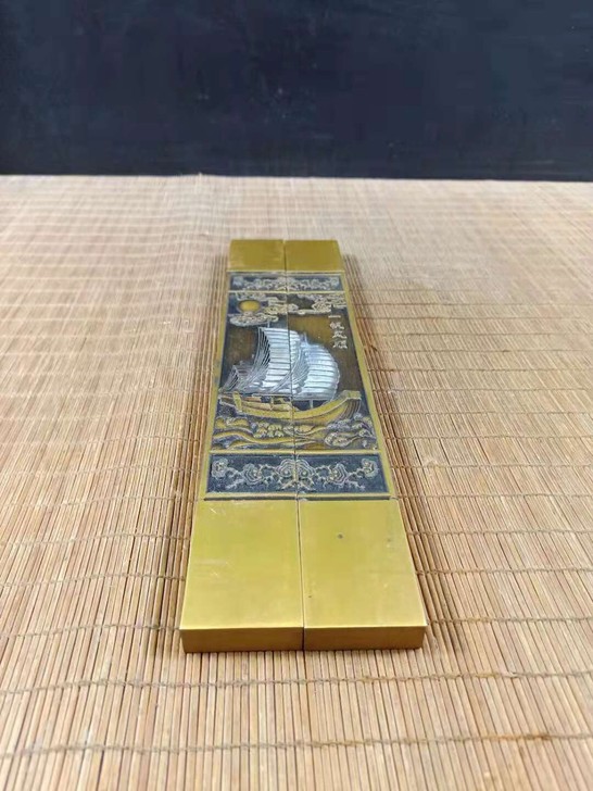 纯铜制，厚重描银一帆风顺铜镇尺，镇纸摆件品...