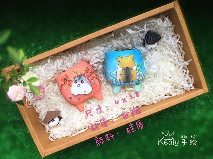 Kealy手绘多肉盆之仓鼠君系列白陶拇指盆...