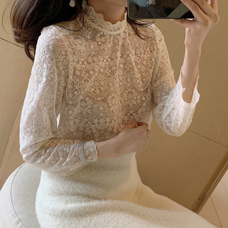 丸子时装定制2019米白色仙女蕾丝衫套头高...