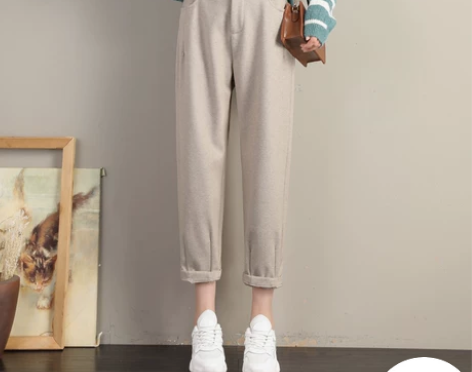 加绒奶奶毛呢裤子女秋冬宽松新款休闲直筒九…...