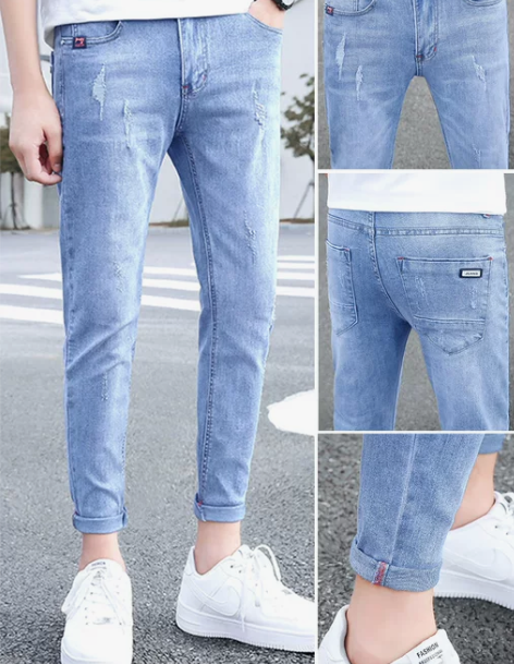 裤子男裤春秋款九分牛仔裤男士韩版修身小脚裤...