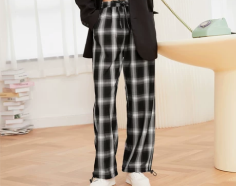 森马格子裤女春秋直筒裤黑白运动卫裤宽松格纹...