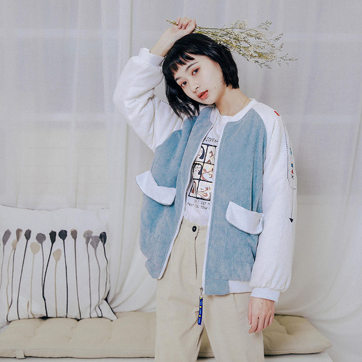 青蔷薇短裤外套灯芯绒棒球秋冬小清新短款刺绣...