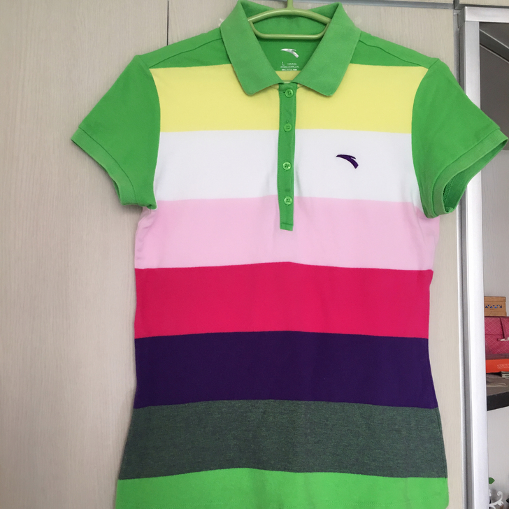 翻领短袖安踏条纹t恤女纯棉有领运动服休闲半...