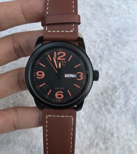 正品西铁城光动能手表男光能男表骚橙真皮带防...