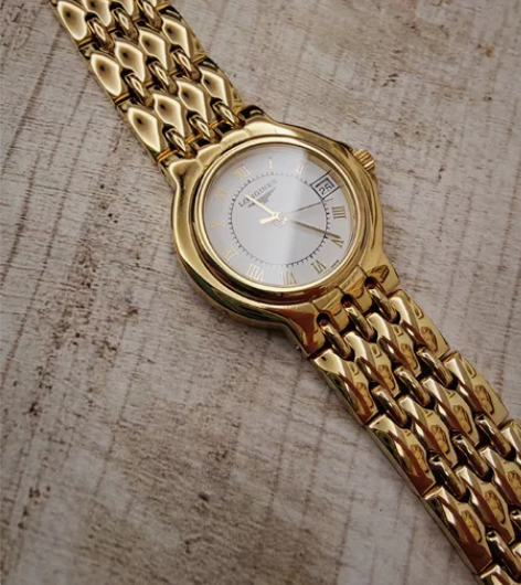 ?浪琴手表18k实金圈女士腕表三针带日历罗...