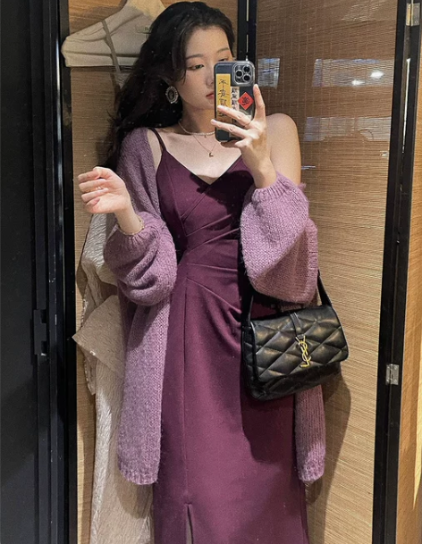 连衣裙长裙新中式复古吊带女秋冬海马毛开衫两...