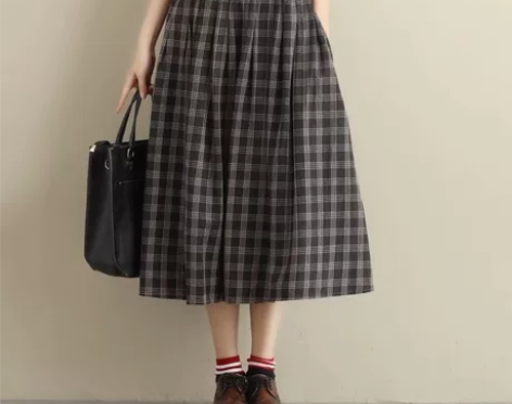 文艺范复古大格子中长裙百搭清新A字裙棉麻半...