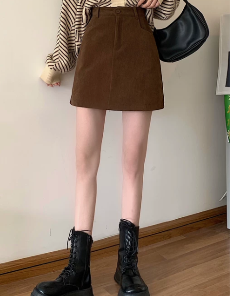 秋冬咖色半身裙女复古灯芯绒短裙秋季款小个子...
