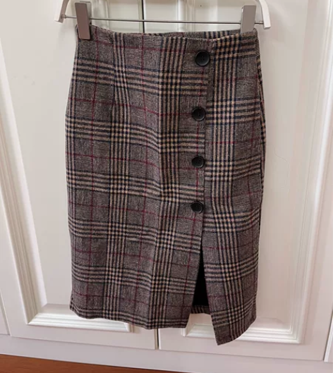 毛呢格子半身裙女秋冬款开叉A字裙中长裙 几...