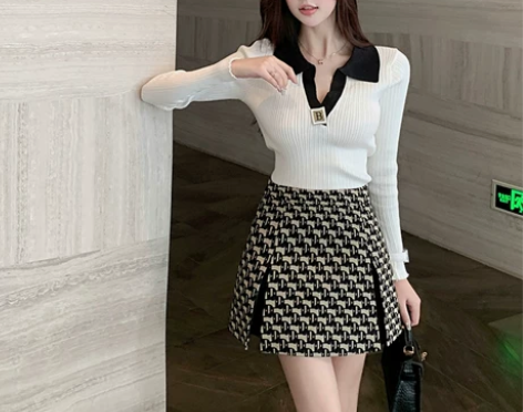 2022夏季新款小众设计黑色格子拼接短裙