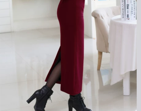 毛呢包臀半身长裙秋冬新款开叉一步裙铅笔裙半...