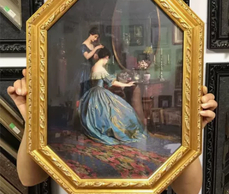 复古金箔实木孔雀蓝裙子少女文艺小众装饰画轻...