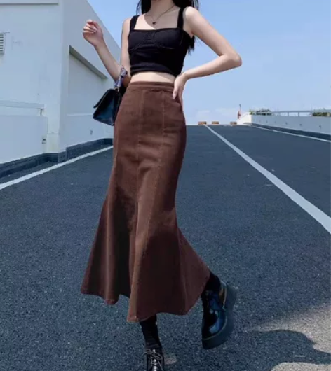 咖啡色牛仔鱼尾裙2022夏季新款小众设计感...