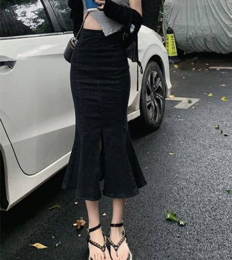 包臀牛仔半身裙女2022秋冬新款法式高腰黑...