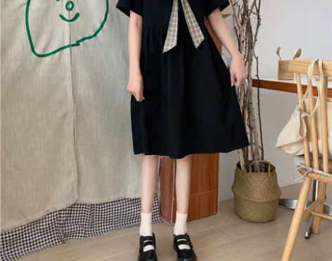 日系元气少女学院风海军领蝴蝶结连衣裙宽松显...