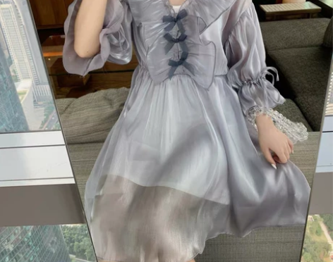 泡泡袖甜美超仙裙子 蓝灰色连衣裙 森系可爱...