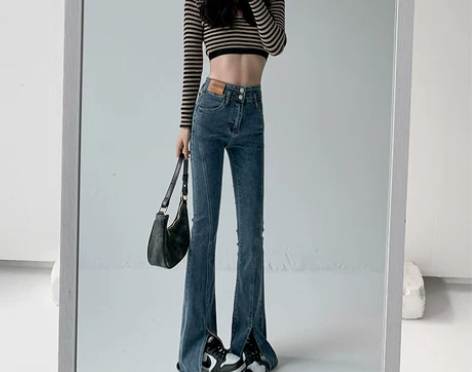 【国庆价】蓝色高腰开叉微喇牛仔裤女春秋20...