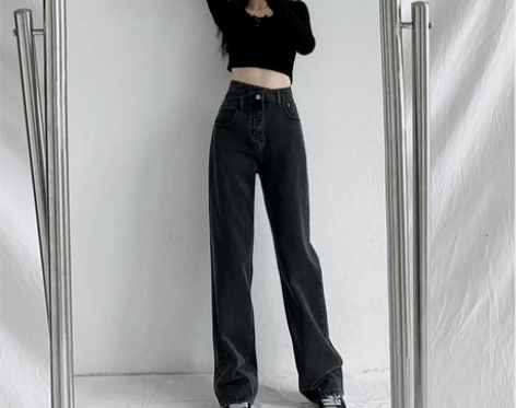 春秋2021年新款黑色高腰小个子阔腿牛仔裤...