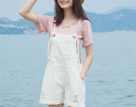 春夏新款白色牛仔背带短裤女韩版阔腿宽松显瘦...