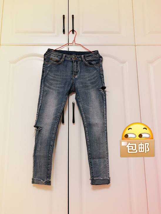 破洞牛仔裤 破洞牛仔小脚裤,M码,本人胖了...