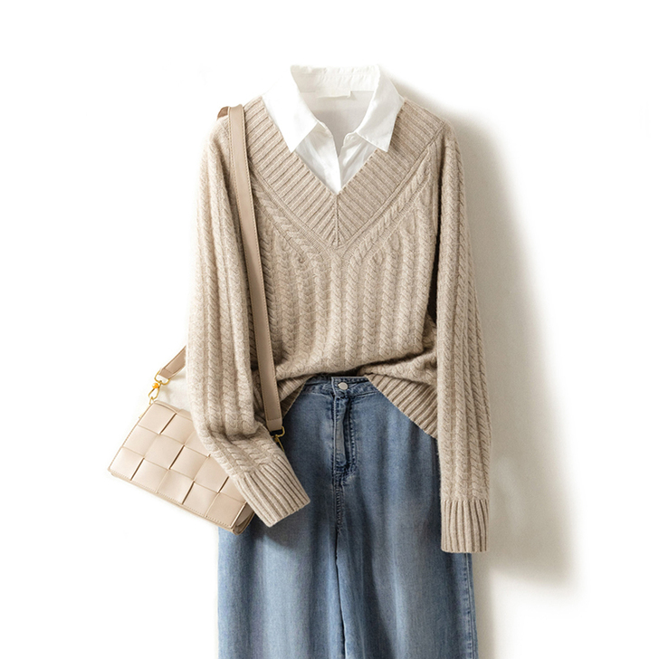 2020新款麻花羊绒衫女V领加厚套头毛衣宽...