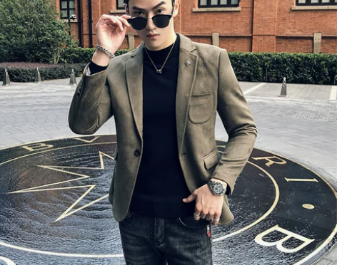 西装套装冬季麂皮绒西装外套男韩版潮流修身帅...