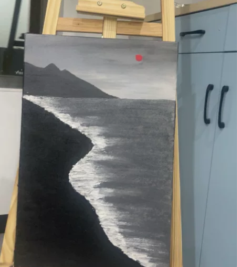 氛围感爆棚！黑色沙滩。丙烯石英砂肌理画，质...