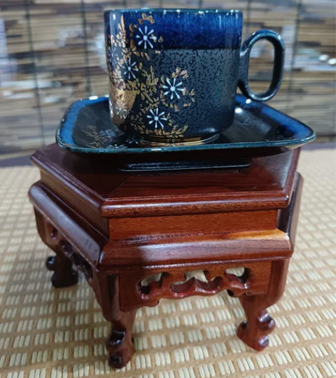 日本昭和时期，精品九谷鹤山咖啡杯，蓝釉窑变...