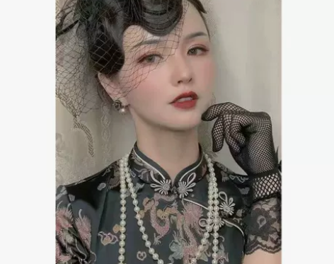 年会名媛新娘小礼帽女网纱面纱晚宴礼服旗袍夜...