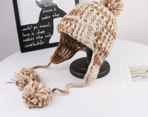 雷锋帽女冬保暖加厚混色毛线帽毛球韩版加绒针...