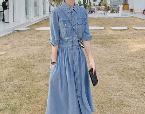 牛仔连衣裙女夏季薄款2022新款泡泡袖衬衫...