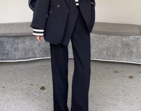 黑色西装直筒开叉阔腿裤女夏秋高腰宽松显瘦小...