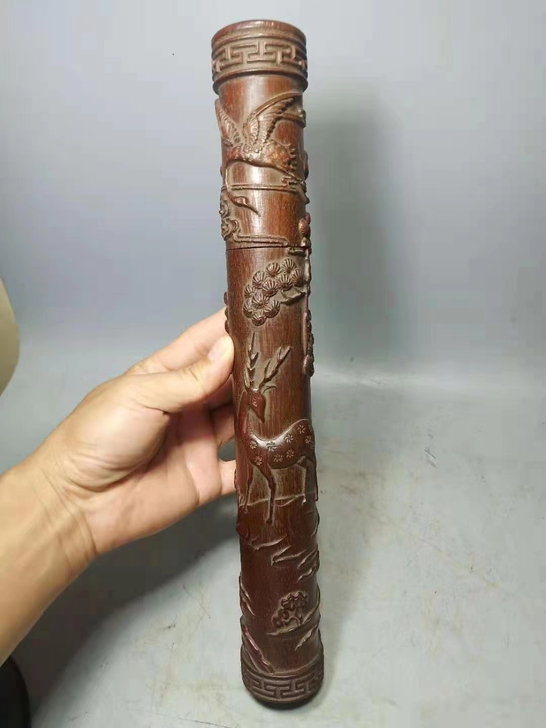 保真老黑檀木雕鹿鹤同春香筒