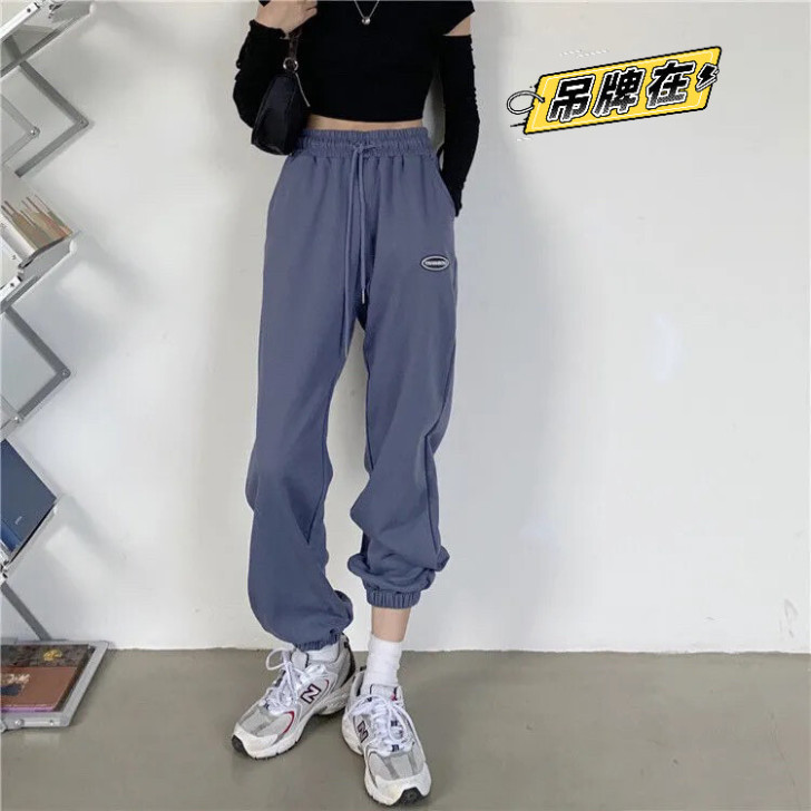 棉质运动裤女2021春秋新款韩版宽松高腰休...
