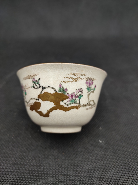 日本 明治时期 粟田烧 细工手绘茶杯