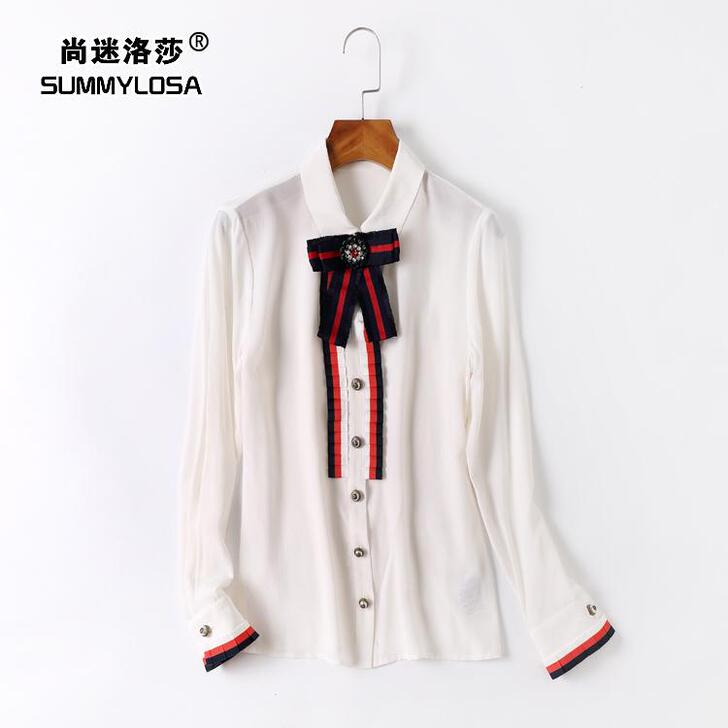 真丝高端新款春夏经典修身红蓝织带蝴蝶结长袖...