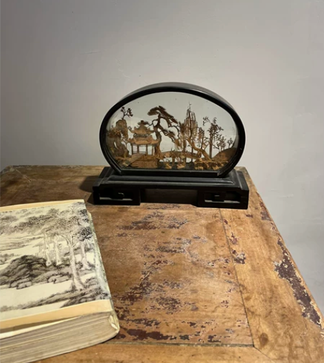大漆木胎软木画，摆件，画面清丽，亭、桥、松...