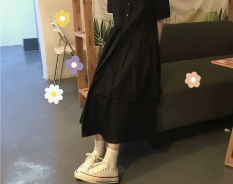夏季日系少女过膝初恋长裙可爱日系脚踝黑色连...