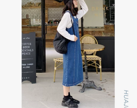 花吉开叉牛仔背带裙女春装中长款学院风气质复...