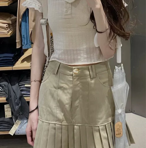 RENA日系复古文艺学院风高腰包臀显瘦纯色...