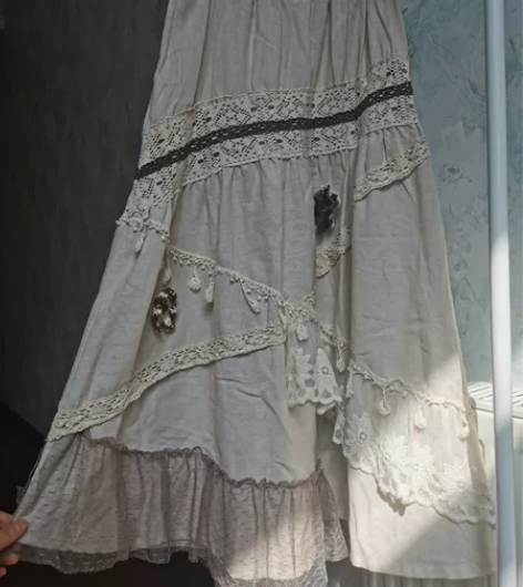 棉麻花边蕾丝拼接田园风不规则半身裙 尺寸L...