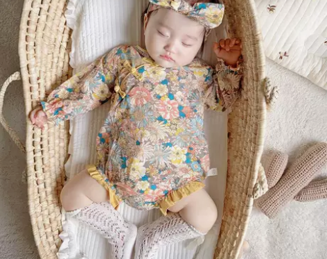 婴儿汉服旗袍连体衣春秋套装女宝民族风碎花薄...
