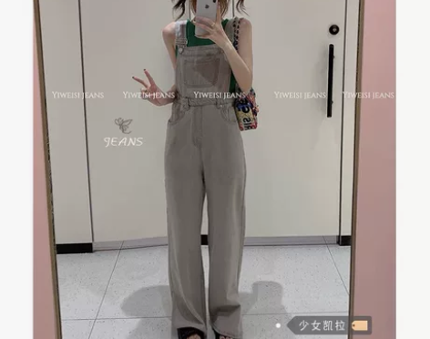 复古灰色背带牛仔裤女2022夏季新款高腰直...