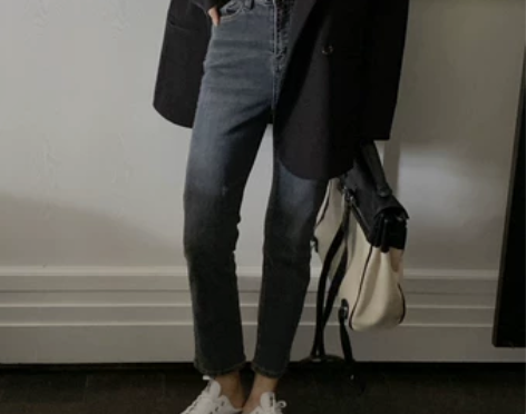 荒荒家 灰蓝色牛仔裤2020秋季百搭高腰修...