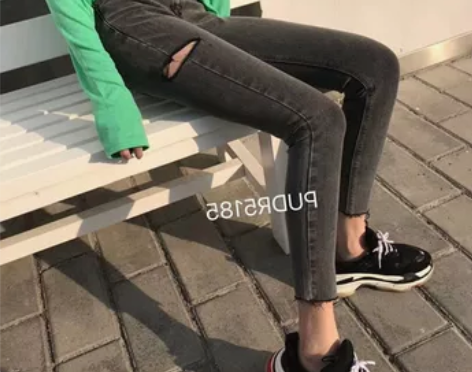 春秋装大码胖mm韩版高腰毛边破洞九分牛仔裤...